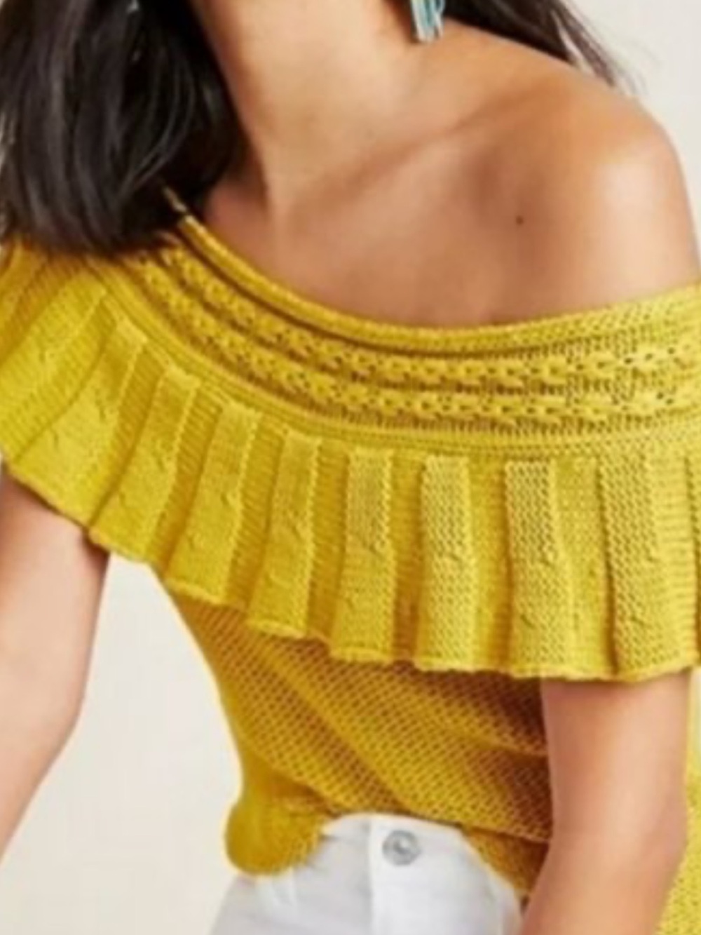 Anthropologie Off-Shoulder Ruffle Knit Sweater Top - Mustard Yellow